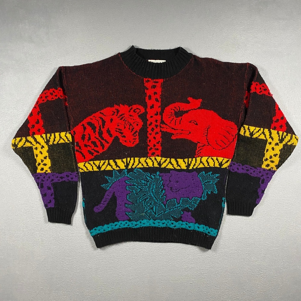 Vintage 80s Custom Design Safari Animal Sweater Unisex M Intarsia USA